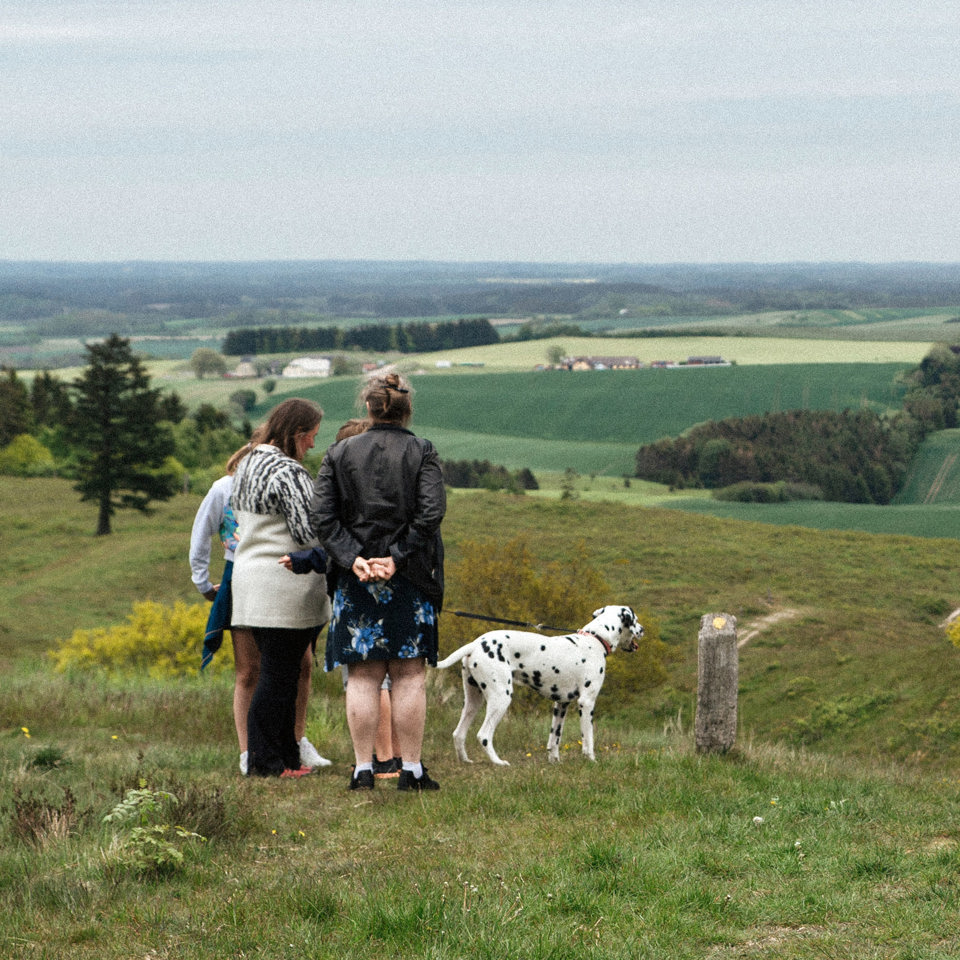 To voksne og to børn og en dalmatiner-hund i snor kigger udover Agri Bavnehøj